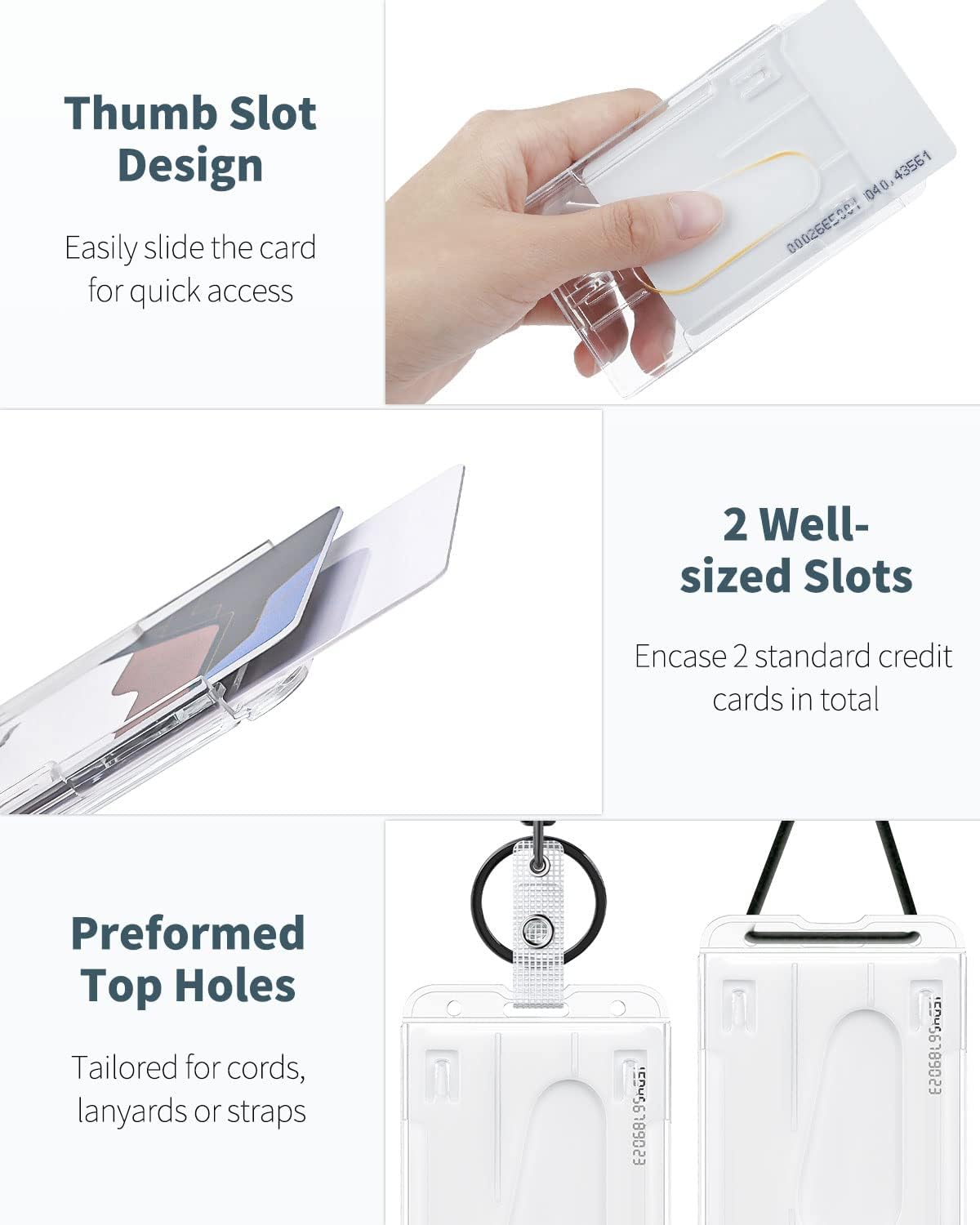 Uniclife 2-Card Thumb-Slot Badge Holder Vertical Clear Plastic Case with Retractable Keychain Badge Reel for up to 8 oz Hard Card Protector for IDs Credit Cards Driver’s Licenses and Passes