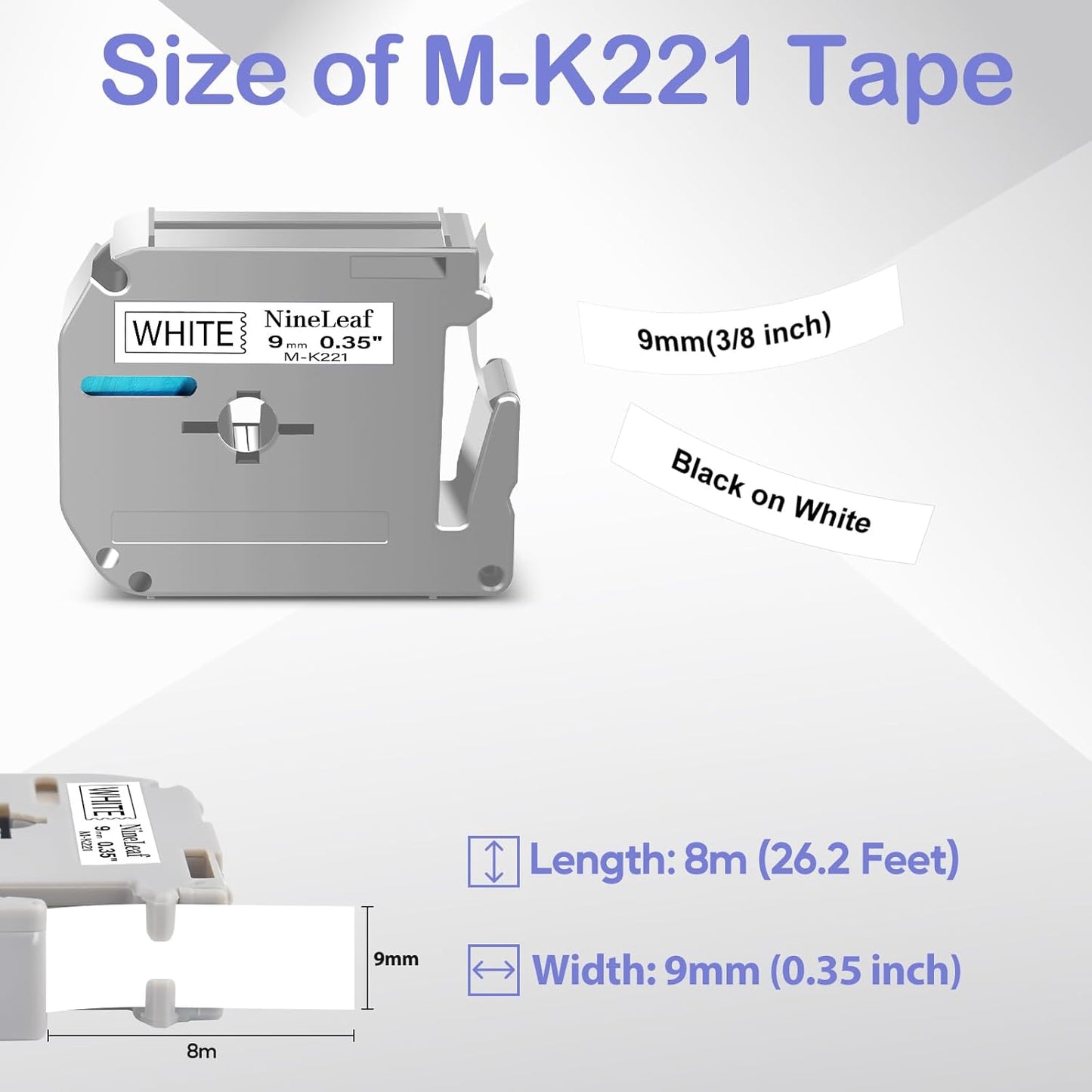 NineLeaf 4 Pack Compatible for Brother P-Touch M-K221 MK221 M221 White M Tape 9mm 3/8 Inch Black on White Label Tape for PT-M95 PT-80 PT-90 PT-70 PT-55 PT-65 PT-85 PT-45 PT-70BM PT-100 Label Maker