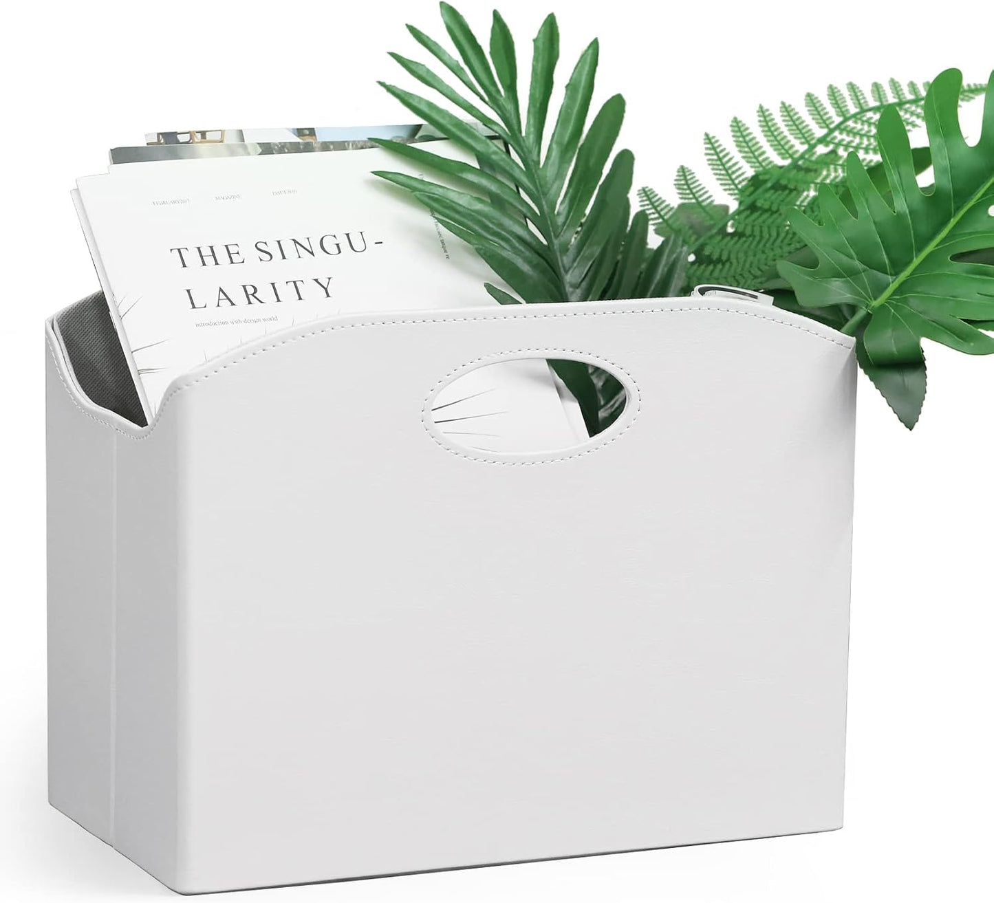 EZDeco Magazine Holder Foldable Magazine Rack Floor PU Leather File Holder Newspaper Book Storage Basket Document File Folder Organizer for Office Home (White-1)