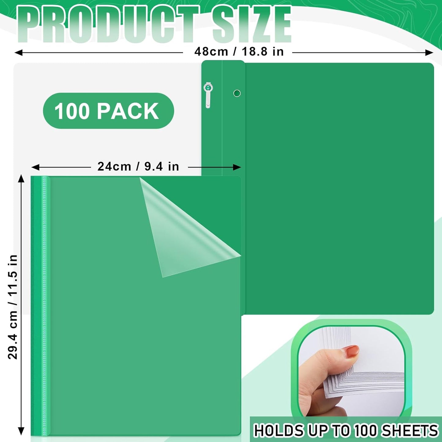 Teling 100 Pcs Plastic Report Covers with 3 Prong Fasteners 11.42 x 9.45 Inch Clear Front Report Covers Bulk Presentation Folders for School Document(Green)