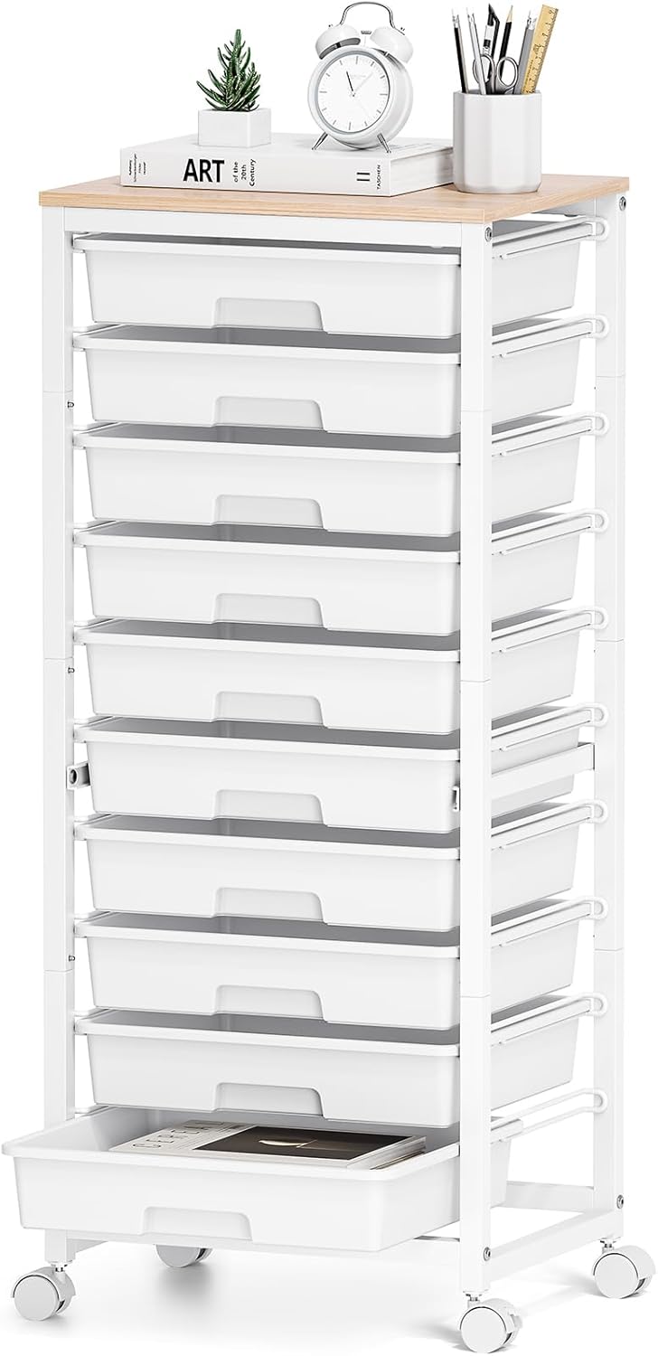 Rolling Cart with Drawers,10 Drawer Rolling Cart,Storage Cart with Wheels,Utility Cart with Drawers,Teacher Cart for Classroom Storage,Craft Cart with Wheels and Wooden Tabletop,White