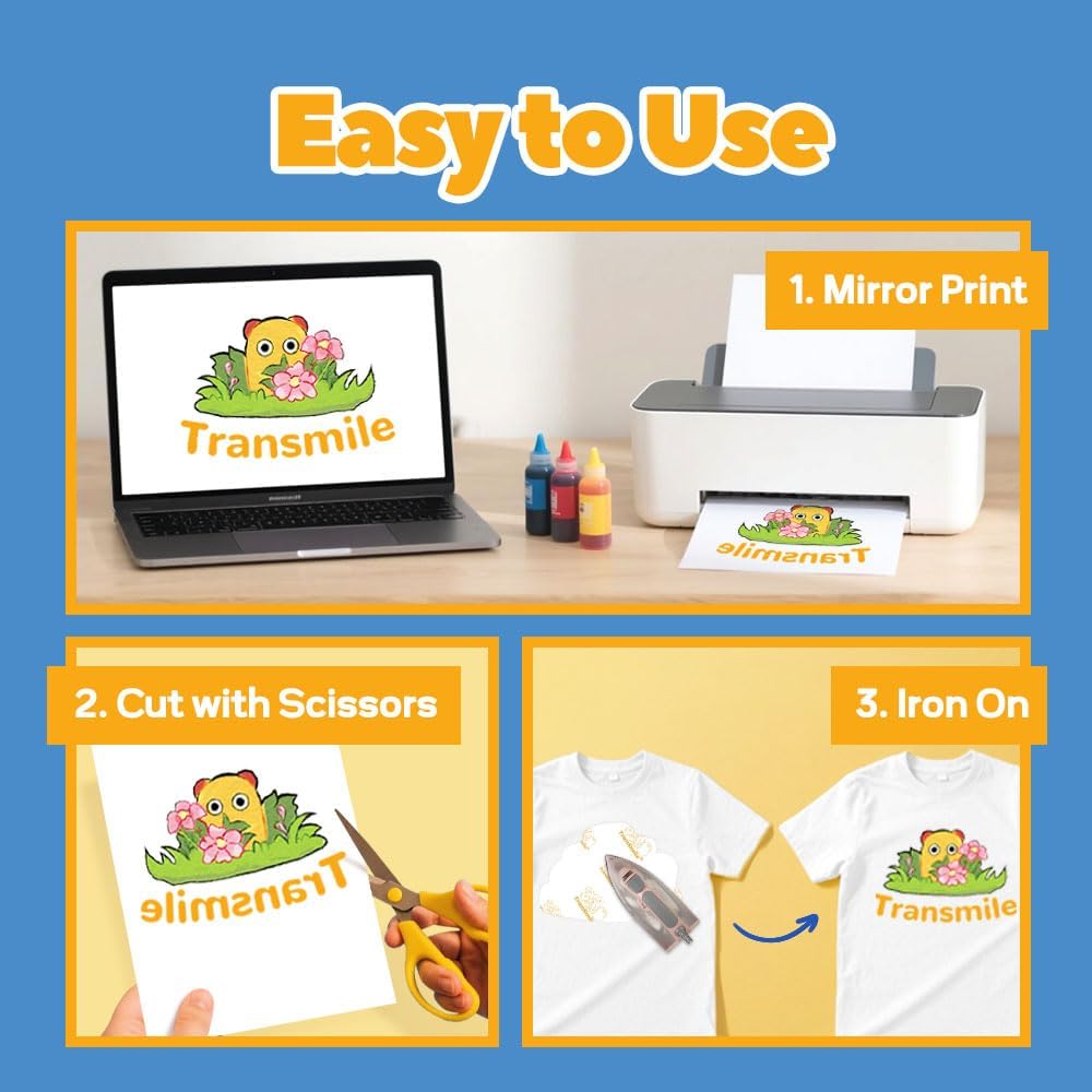 TranSmile PU-Heat Transfer Paper for Inkjet Printer (White, 40 Sheets, 8.5 x 11'') Printable Heat Transfer Vinyl for White Fabric, Iron on Transfers for T Shirts