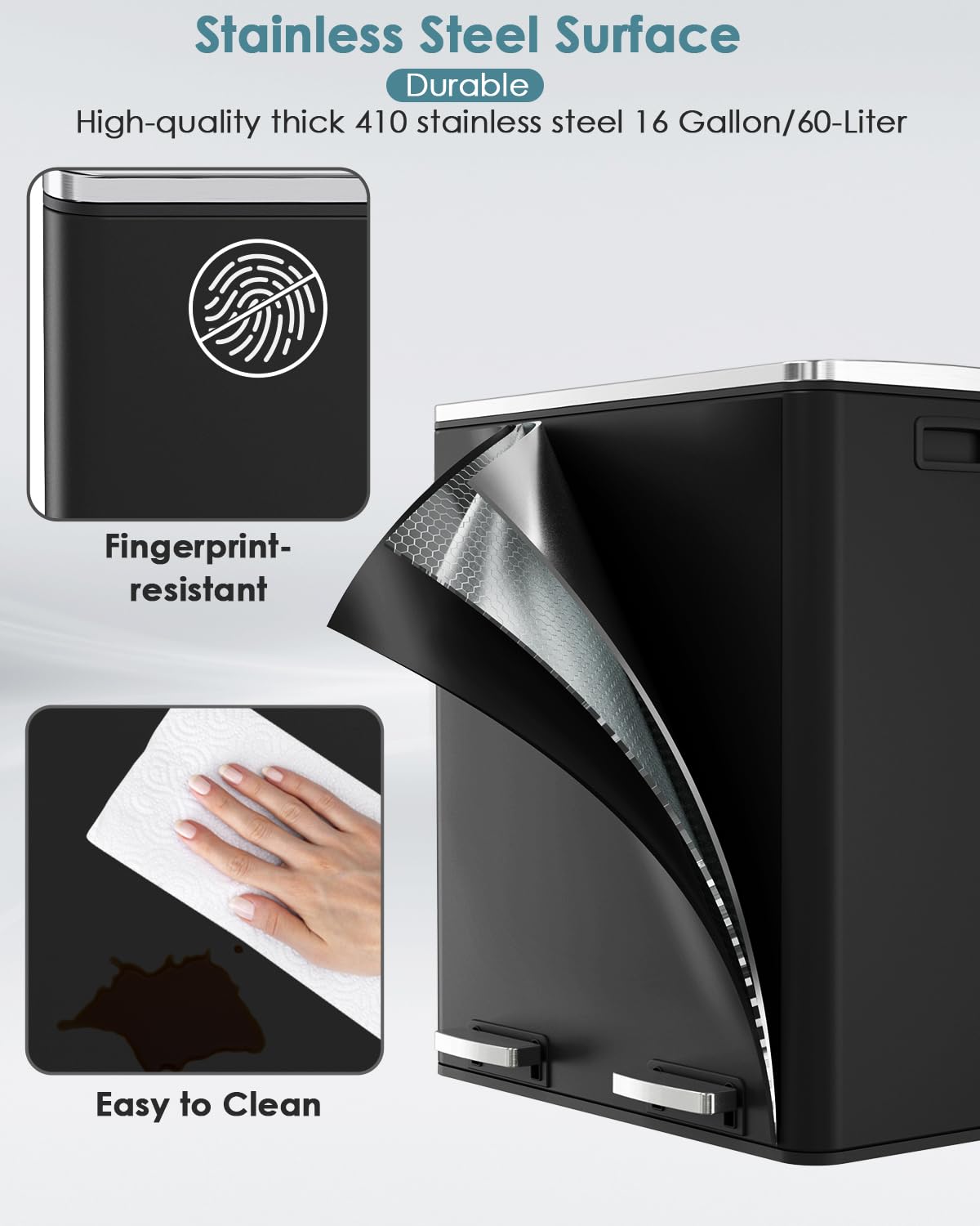 AthLike 60L(16 Gal) Dual Trash Can, Stainless Steel Kitchen Garbage Can, Double Compartment Classified Rubbish Bin, Recycle Dustbin w/Plastic Inner Buckets, Soft-Close Lid, Airtight, Black