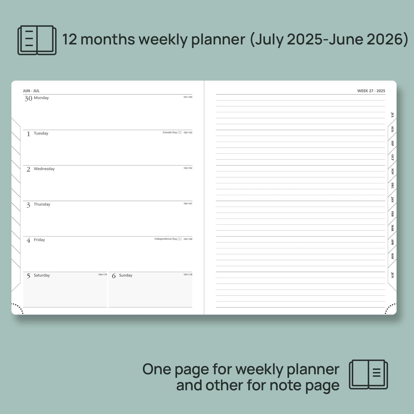 POPRUN Planner 2025-2026 Weekly Notebook (Large 8.5''x 10.5'') Academic Calendar (JUL.25 - JUN.26) Appointment Book with Monthly Tabs, Leather Soft Cover, Inner Pocket, 100 GSM - Petrol Green