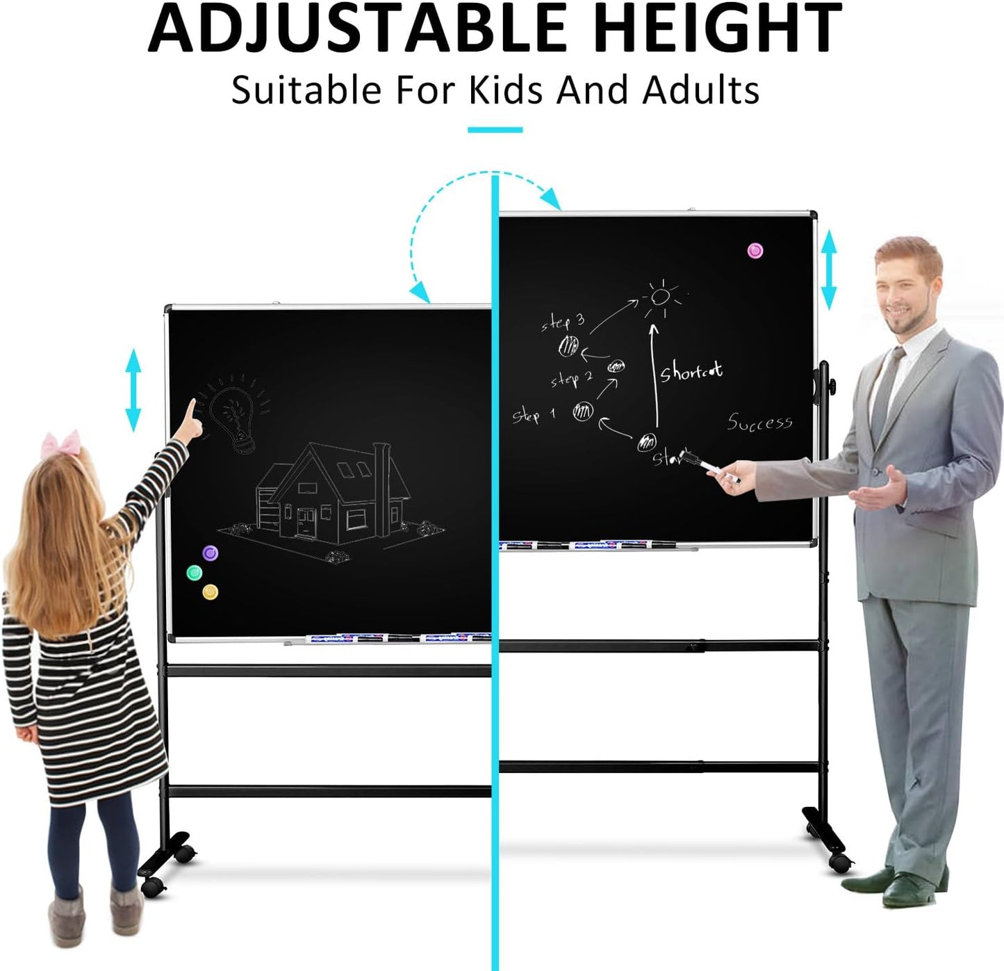 Mobile Dry Erase Blackboard 36 x 24, Magnetic Portable Black Dry Erase Board with Stand, Rolling Double Sided Chalkboard with Wheels - Easel Standing Black Board for Office, School & Home