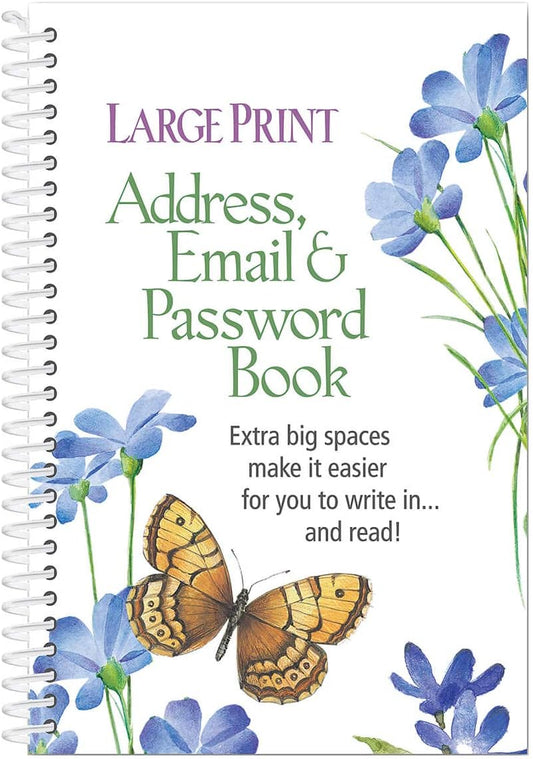 Large Print Address, Email & Password Book, Easy to Read, Spiral Bound Design, Perfect for Organizing Important Documentation – 96 Pages, Book Measures 7 1/4" L x 5" W