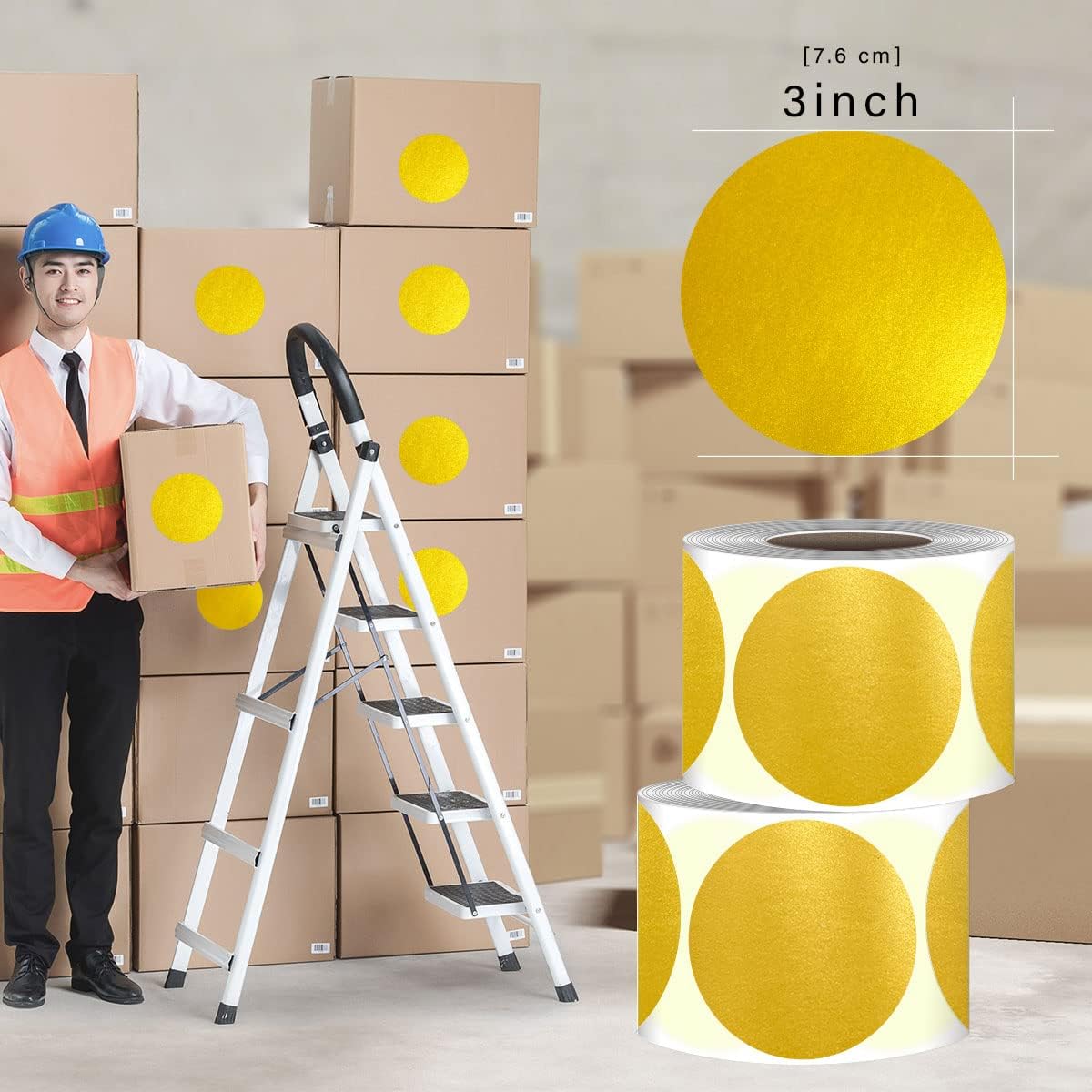 PARLAIM 3 X 3 inch Color Code Dot Stickers, 500pcs 3" Gold Round Color Coding Circle Labels per Roll in Dispenser Box for Inventory Storage Present Box