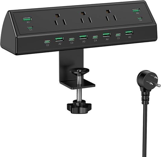 Jgstkcity 90W Desk Clamp Power Strip,12 USB Ports (6 PD 45W USB-C),Surge Protector,ETL Listed Power Hub Extension Cord,Fast Charging Station for Home Office Desk Edge Mount (Black,12 USB-90W)