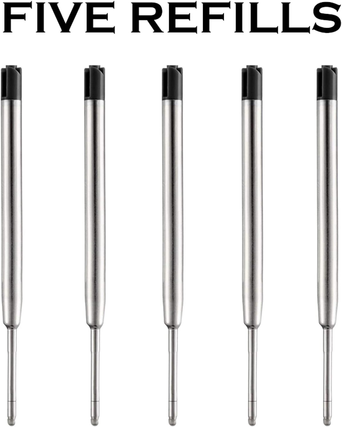 HeTaoCat Black Ink Refill Pack of 5, Replaceable Ballpoint Pen Refills, Medium Point Metal Refil (Black)