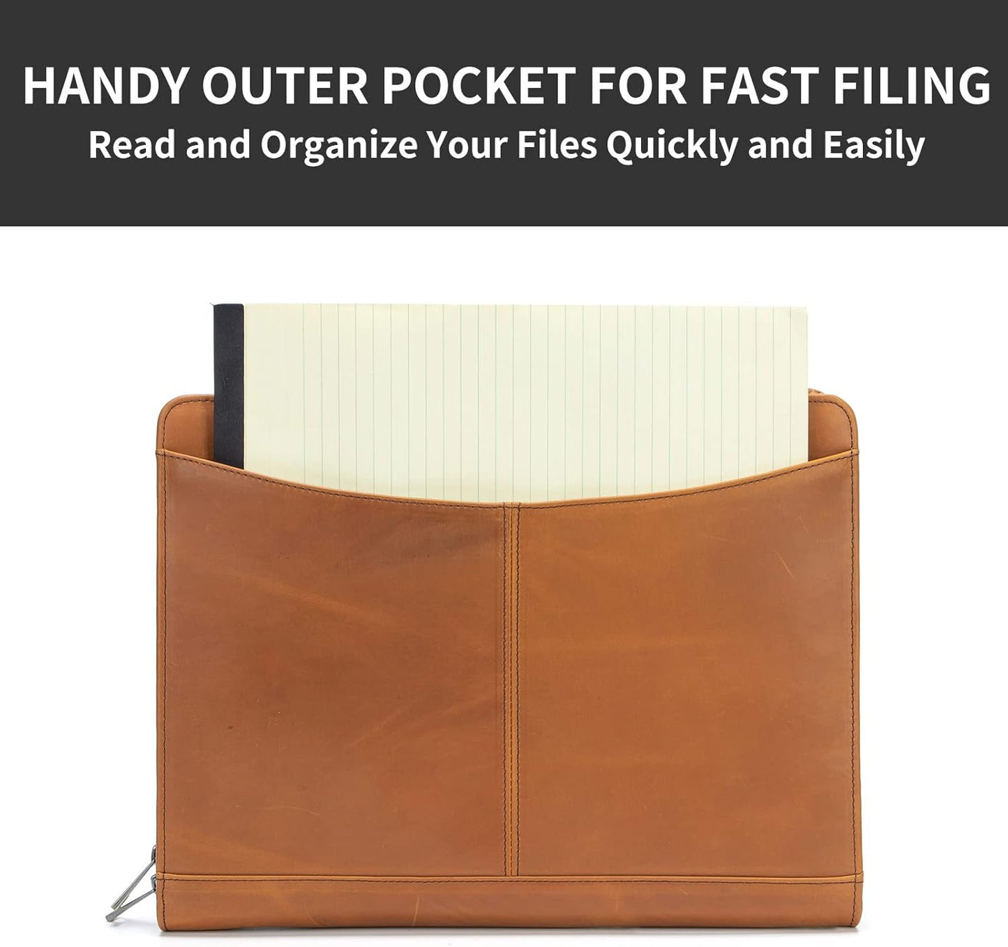 Genuine Leather Portfolio with Front Pocket for Men and Women, Zippered Padfolio Binder 8.5 x 11 Legal Pad Notebook Holder, Fits 13” Laptop, Professional Work File Case, Brown