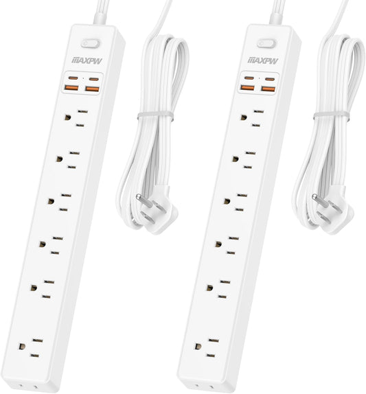 2 Pack Power Strip Surge Protector - 7 Outlets 4 USB Ports (2 USB C), 6 Ft Ultra Thin Flat Plug Extension Cord, 1875W/15A, 1700 Joules, Wall Mount for Home Office Dorm, White