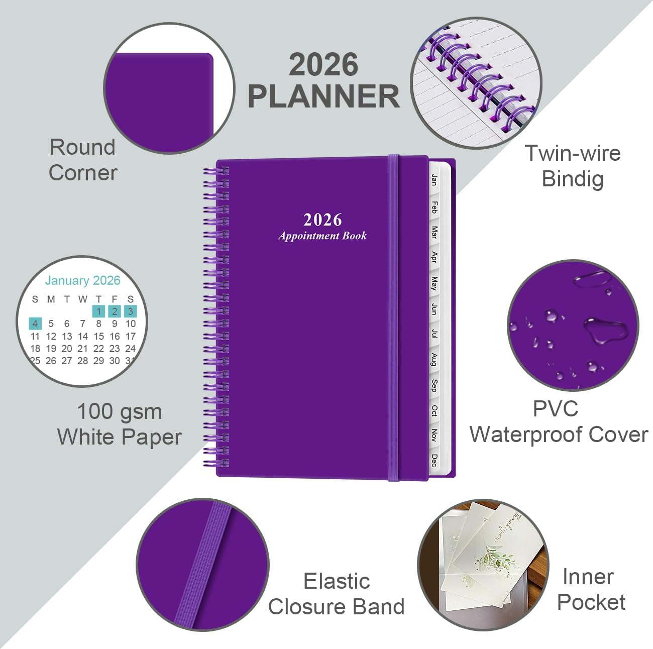 2026 Appointment Book & Planner - Hourly Planner from January 2026 - December 2026, Weekly Appointment Book 2026 with 30-Minute Interval, 6.4" x 8.5", Purple