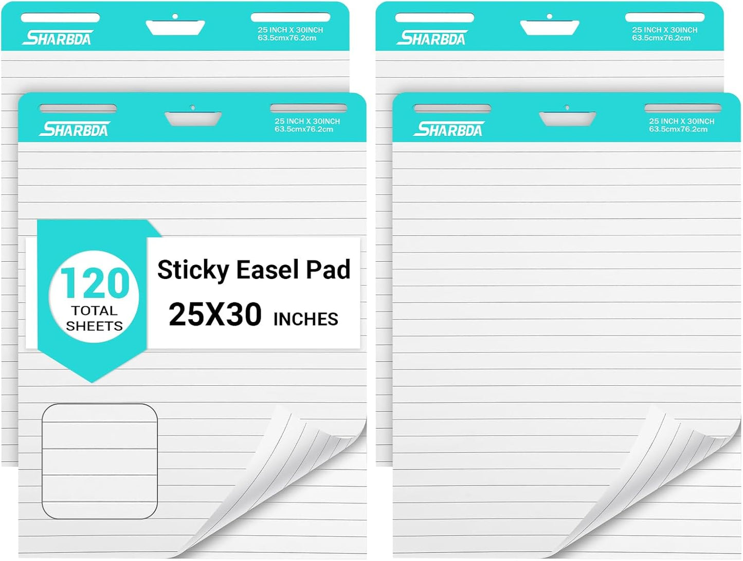 Lined Sticky Easel Pad, 25 in x 30 in,Flip Chart Paper,Sticky Chart Paper for Teachers, Large Self-Stick Easel Paper,Super Sticky & Bleed-Resistant,30 Sheets/Pad,4 Pads