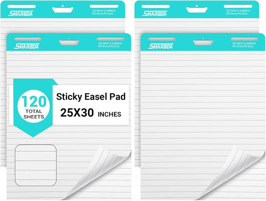 Lined Sticky Easel Pad, 25 in x 30 in,Flip Chart Paper,Sticky Chart Paper for Teachers, Large Self-Stick Easel Paper,Super Sticky & Bleed-Resistant,30 Sheets/Pad,4 Pads