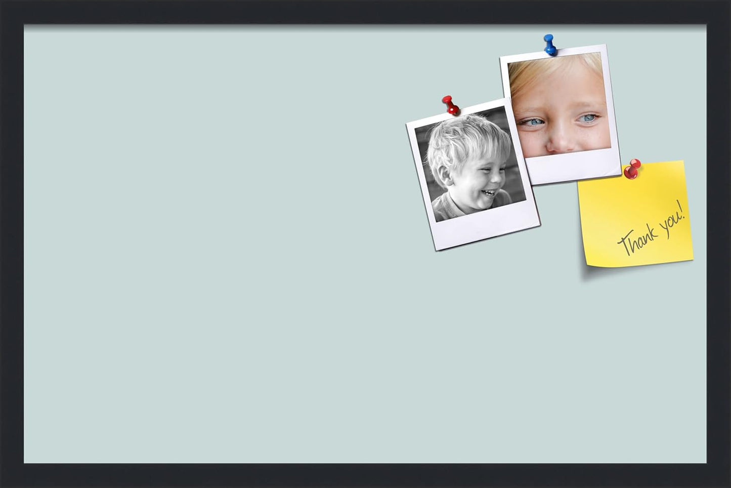 PinPix 28x18 Inch Cork Bulletin Board. This Decorative Framed Pin Board Comes with Soft Blue Design and a Satin Black Frame. Ideal for Home Office Decor or Message Board (PinPix-1814)