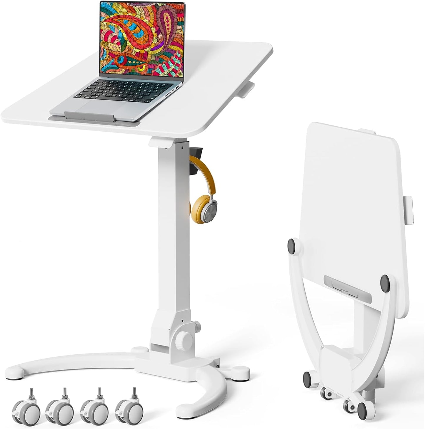 JOY worker Foldable Mobile Standing Desk, Upgraded Height Adjustable Rolling Desk, Max Height 47.6", 90° Tiltable Board & Base, Portable Workstation with Moveable Wheels, Holds Up to 22lbs, White