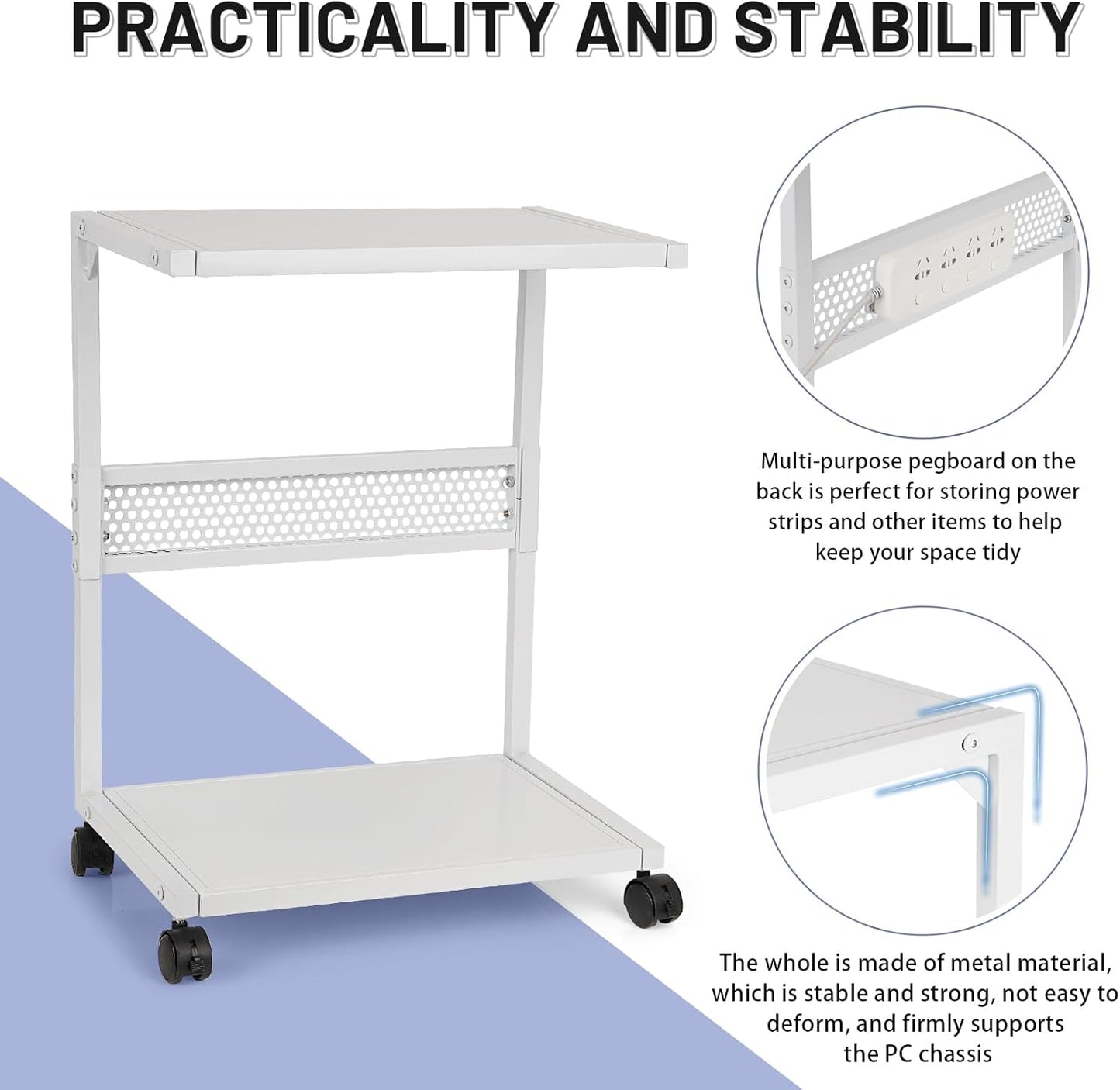 PC Stand Computer Tower Stand 2-Tier Metal CPU Holder with Locking Caster Wheels Suitable for Most PC (S,White)