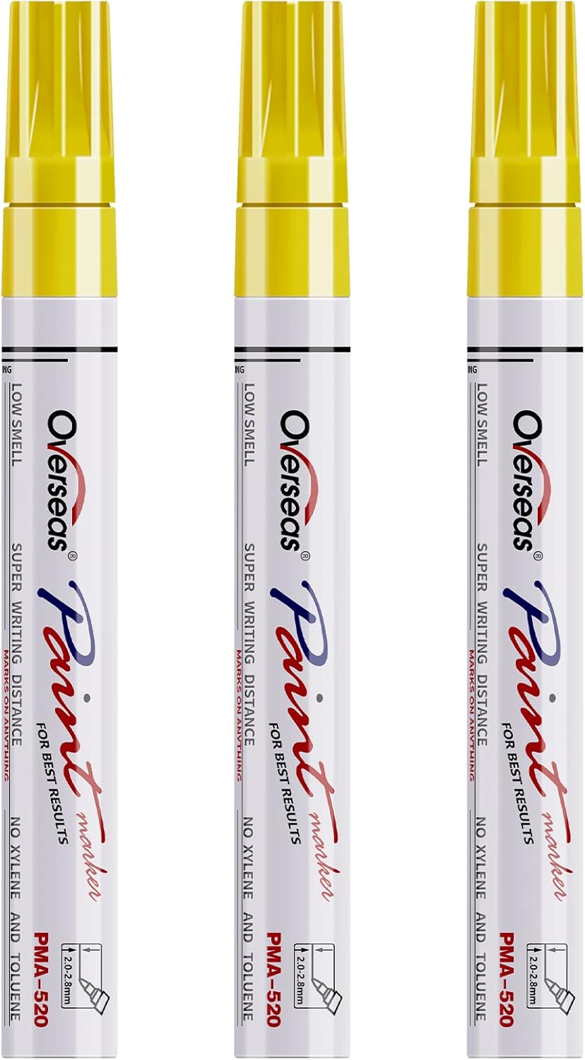 Overseas Permanent Paint Markers Pens - 3 Pack Yellow Oil Based Paint Pens, Medium Tip, Quick Drying and Waterproof Marker Pen for Metal, Rock, Wood, Fabric, Plastic, Canvas, Mugs, Stone, Glass