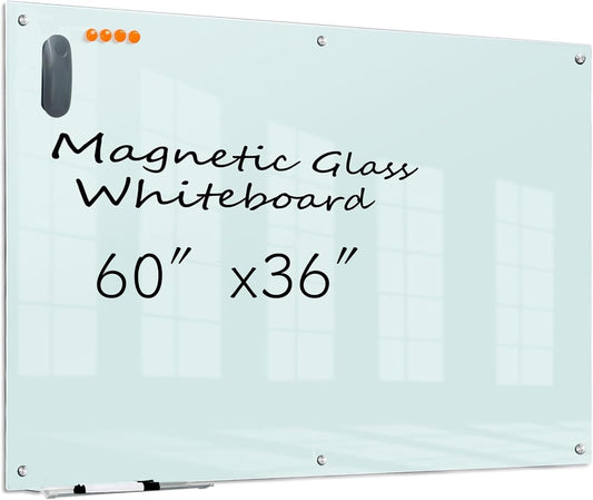 KIZZBY Glass Dry Erase Board - Magnetic Whiteboard, 60"X36" Frameless White Board Clear Glass Boards with Super Strong Magnets, Wall Mounted for Office, Classroom and Home