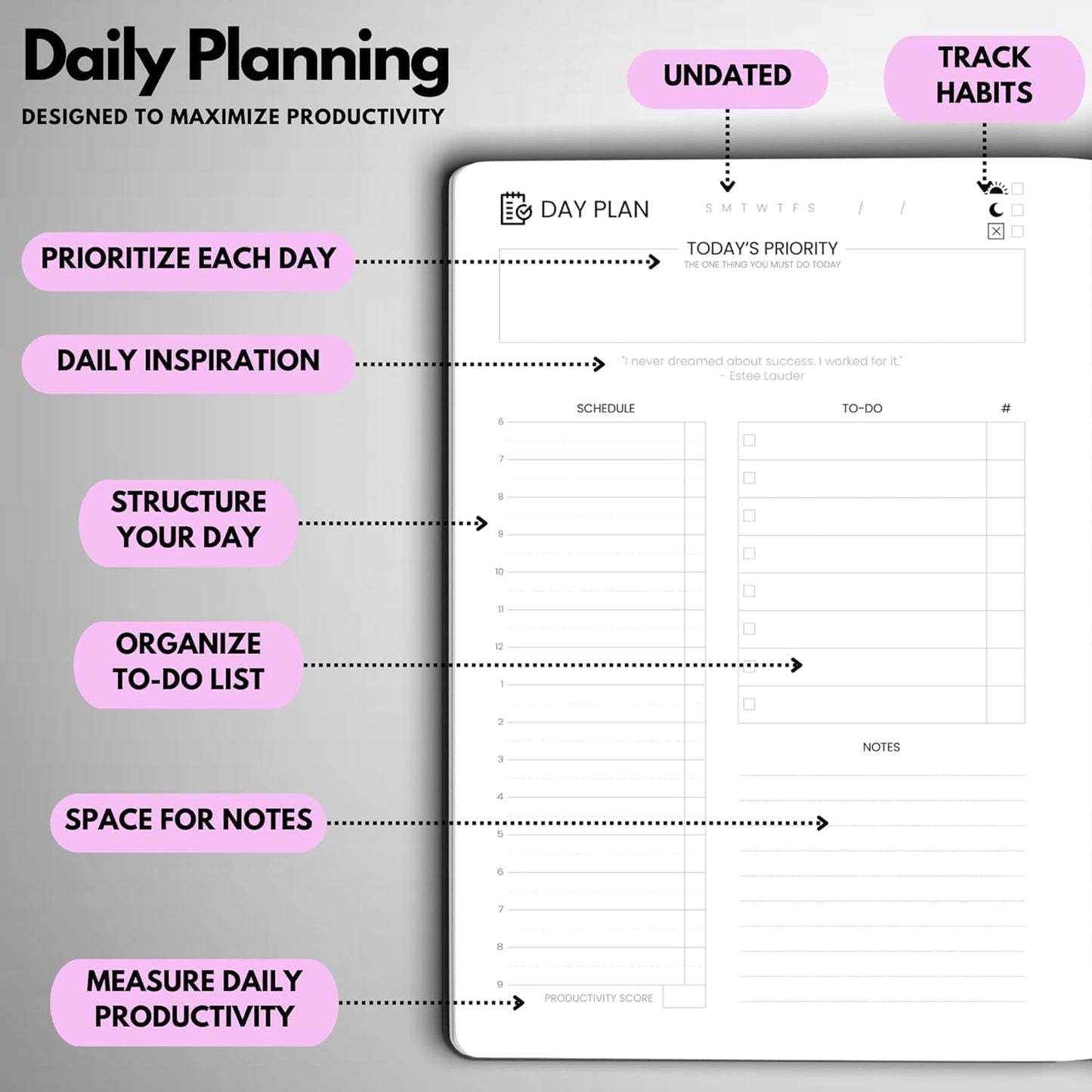 Undated Daily Planner – 3-Month A5 Productivity Organizer with Full Page Per Day, Hourly Schedule, Goal Setting, Habit Tracker, Weekly & Monthly Pages – Hardcover Time Management Notebook (Lilac)