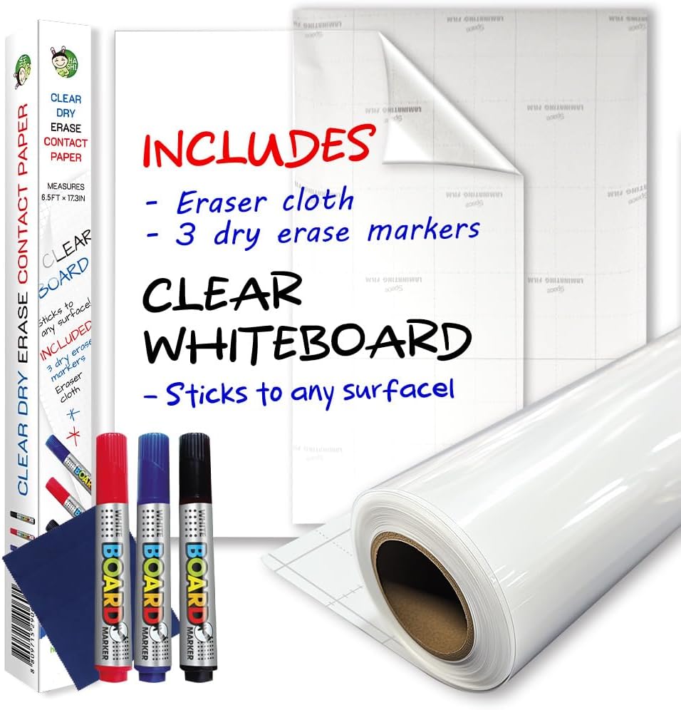 Clear Adhesive Sheets Roll on Wall 18 x 78Inch (6.5 Ft), Includes 3 Dry Erase Markers, Bulletin Board Paper, Clear Adhesive Vinyl Sheets, Transparent Contact Paper, Peel and Stick Film by HA SHI