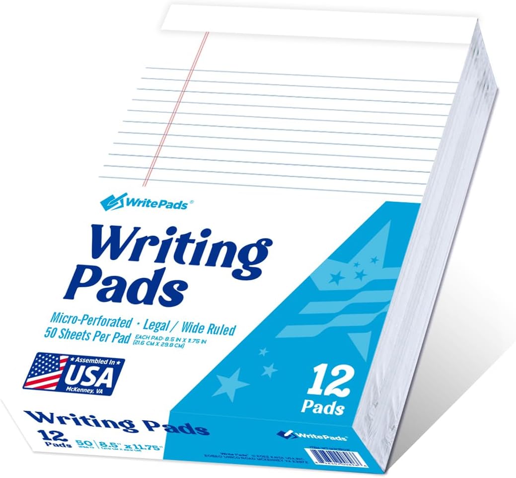 KAISA Legal Pads 8.5x11 inch Writing Pads, Wide Ruled Notepads Large Note Pads, White 50 Sheets 12 Pads,WT-MWT50W