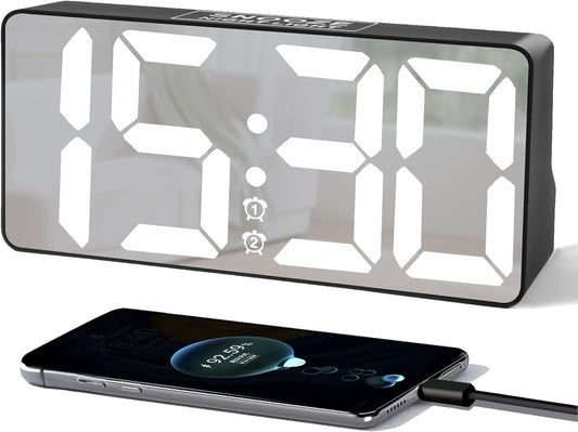 Digital Alarm Clock, Big Number LED Mirror Clock with Type C & USB Charging Port, 2 Alarms,Night Light,Dimmer,Snooze,Battery Backup,12/24H, Bedside Digital Clock for Bedroom Home Office Decor Kid Teen