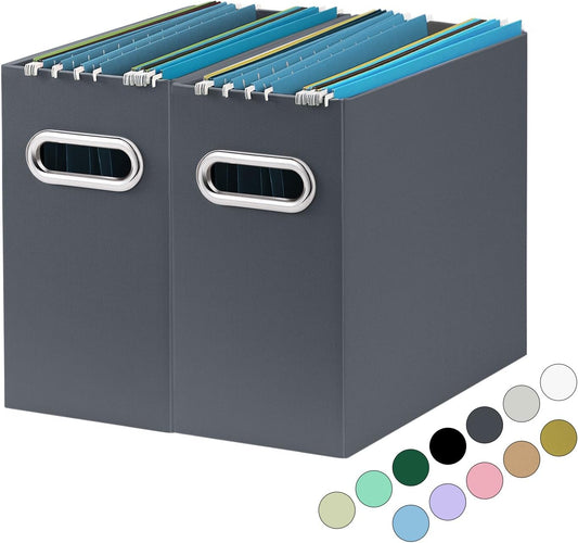 Oterri File Organizer, 2 Packs Small Storage Box, Cardboard File Folder Organizer, Collapsible File Box for Hanging File Folders Letter Size, Portable Filing Organizer with Handle (Dark Grey)