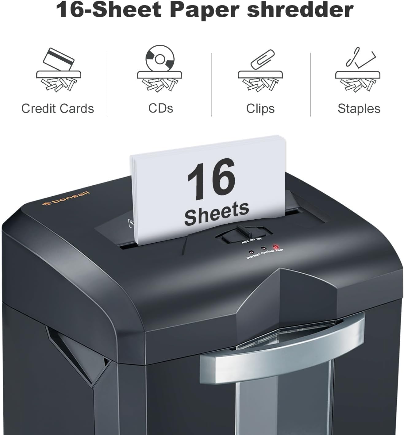 Bonsaii 16-Sheet Microcut Paper Shredder, 60-Minute Home Office Heavy Duty Shredder for CD/Credit Card, P-4 Level with 6-Gal Pullout Bin (C149-D)