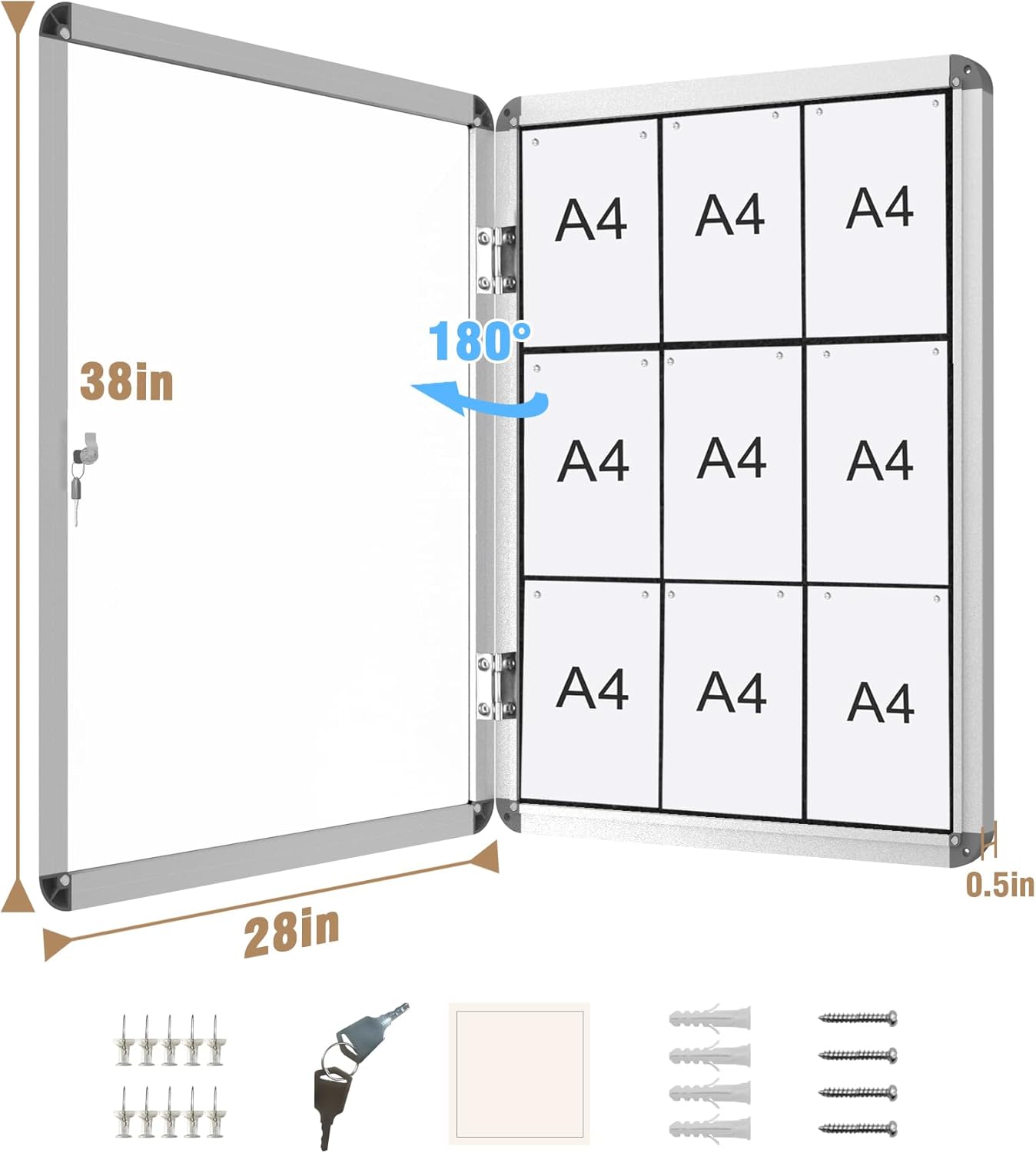 38"x28" Enclosed Bulletin Board, Lockable Weather-Resistant Aluminum Cork Noticeboard for School & Office, Silver Frame w/Black Flet