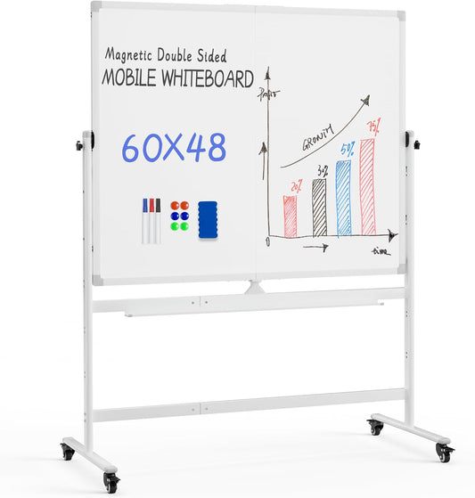Rolling Whiteboard, 48"x60" White Board with Stands Movable Dry Erase Board on Wheels, Large Double Sided Standing Whiteboard for Office School Classroom Presentation Supplies, Pearl White
