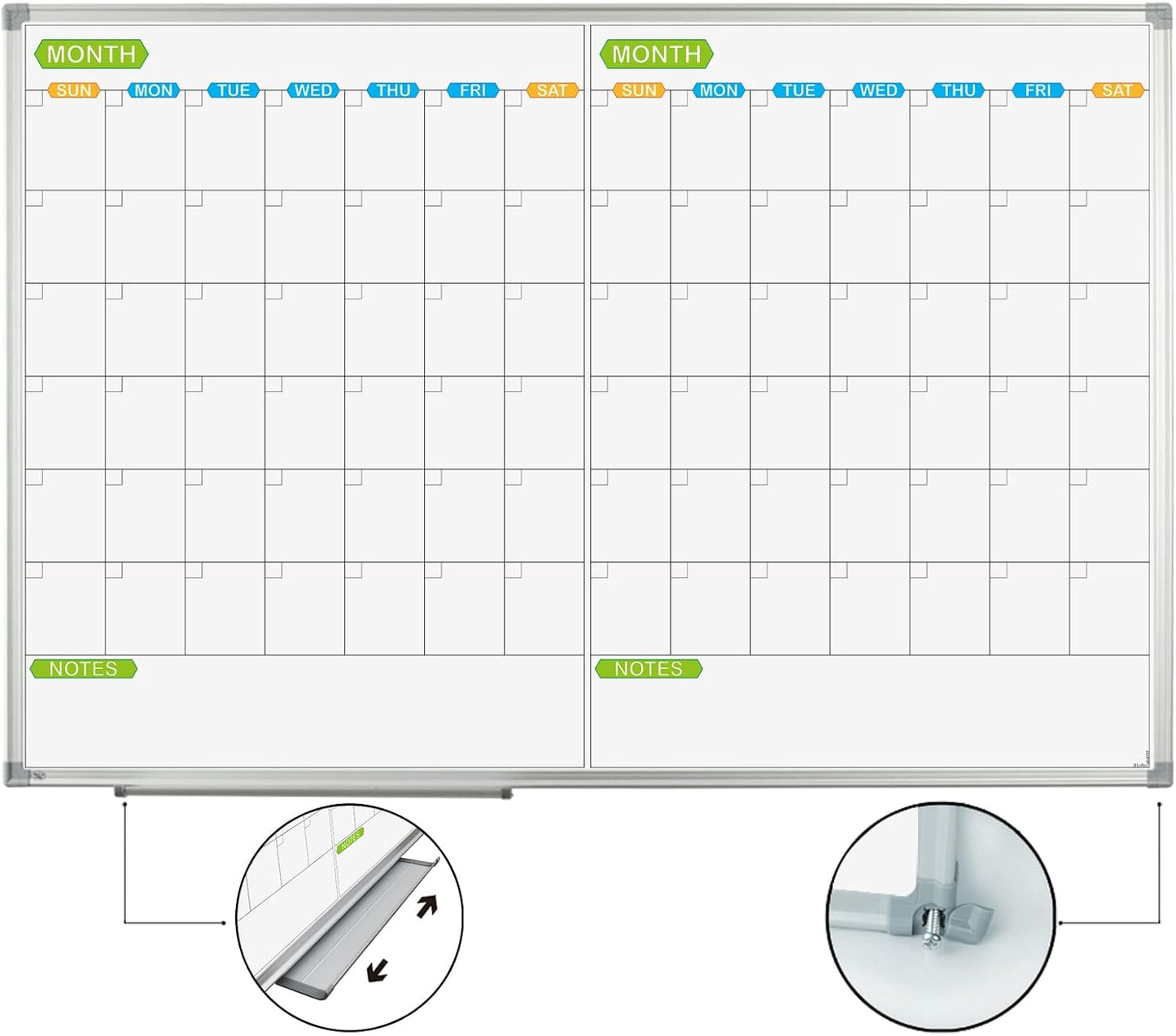 JILoffice Magnetic Dry Erase Calendar Whiteboard, 2 Month White Board Planner 36 X 24 Inch, Silver Aluminum Frame Wall Mounted Board for Office Home and School