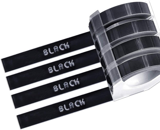 Motex Refill Tape for Embossing Label Maker, Tape Writer, 3/8-Inch (Black 4 Rolls)