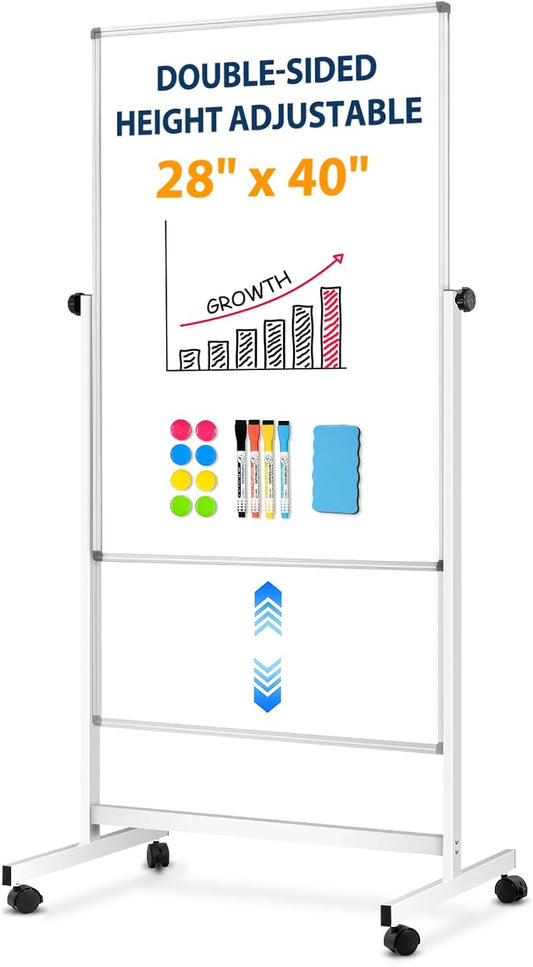 [15 Sq/ft] Large Double-Sided Rolling Whiteboard, 28"x40" Reversible Dry Erase Board with Stand, Magnetic White Board on Wheels, Standing Mobile Whiteboard, School Supplies, Classroom, Office, Home