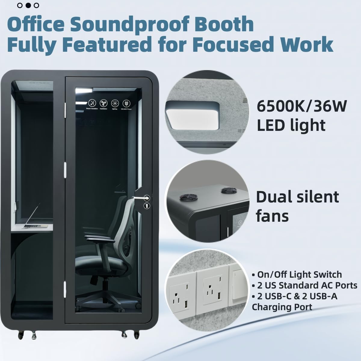 Solo Office Pod, Sound Pod, Mobile Office Pod Booth, SoundProof Booth for Office, Privacy pod, Mobile Roller with Desk, LED Light, Centrifugal Fans and AC USB Ports - Black/Smoked Glass