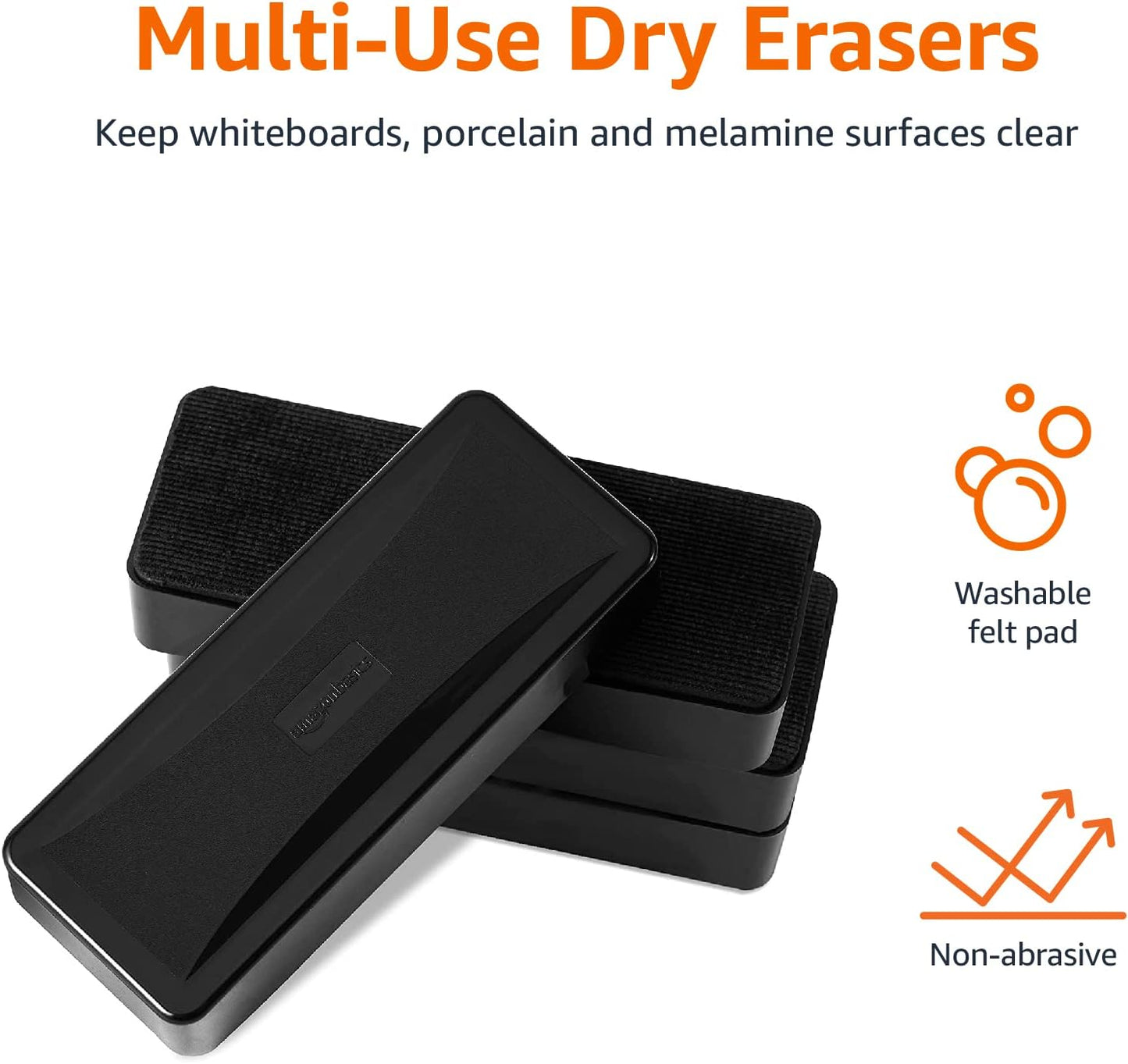 Amazon Basics Dry-Erase Whiteboard Eraser, for School, Office, Home, and Classroom, Black, 4-Pack,