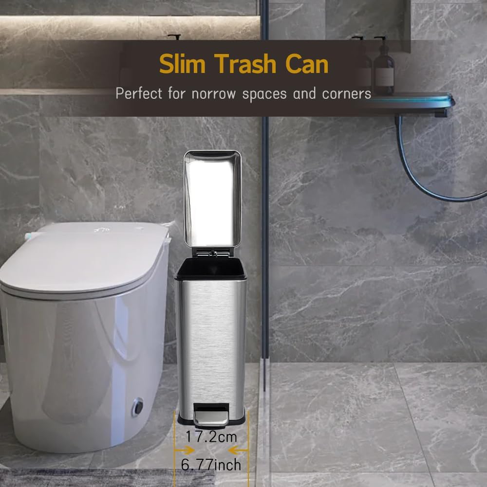 Bathroom Trash Can, 10L/2.6 Gallon Stainless Steel Step Slim Garbage Can, Pedal Trash Bin with Removable Liner Bucket, Soft Close Lid, Rectangle Trash Bin for Office, Kitchen, Bedroom