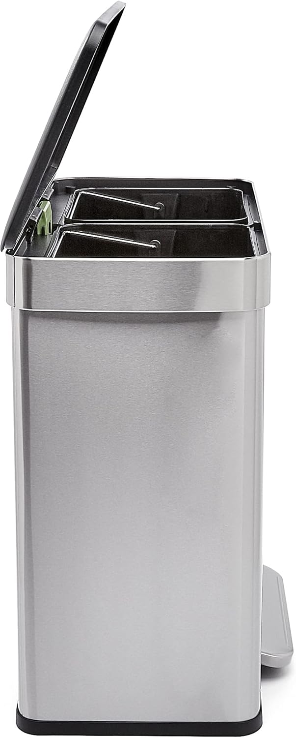 Amazon Basics Dual Compartment Recycling Trash Can with Soft-Close Lid and Removable Liner Buckets, 60 Liters, Rectangular, Grey, Silver