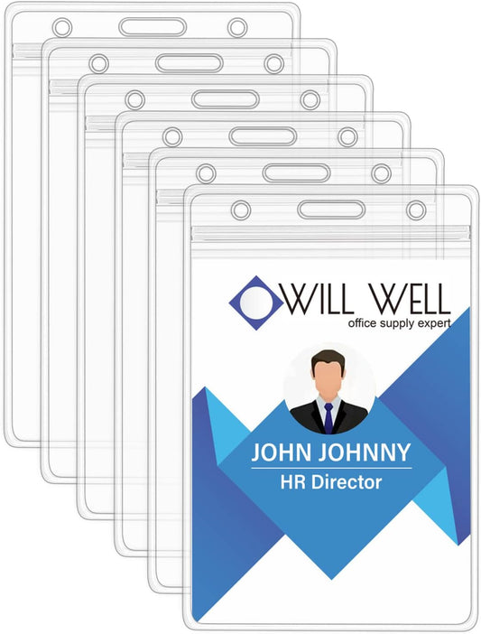 Will Well ID Badge Holders with Holes for Lanyards and Keyrings - Vertical Clear Plastic 2.5" x 3.7" Inner Size Sleeves Fit Up to 3 Cards, 0.8mm Thick Waterproof Resealable Zip Type - 6-Pack