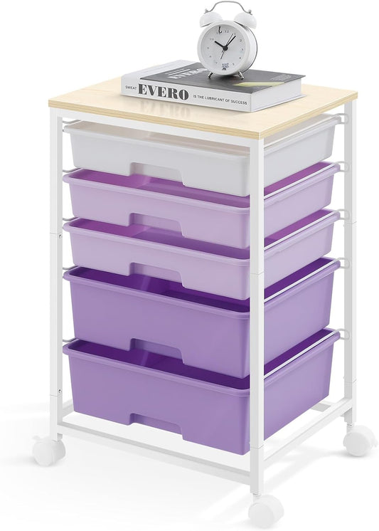 Utility Cart with 5 Drawers,Storage Drawer Cart with Wooden Tabletop and Lockable Wheels,Craft Storage Trolley Cart,5-Tier Rolling Utility Cart on Wheels,Purple