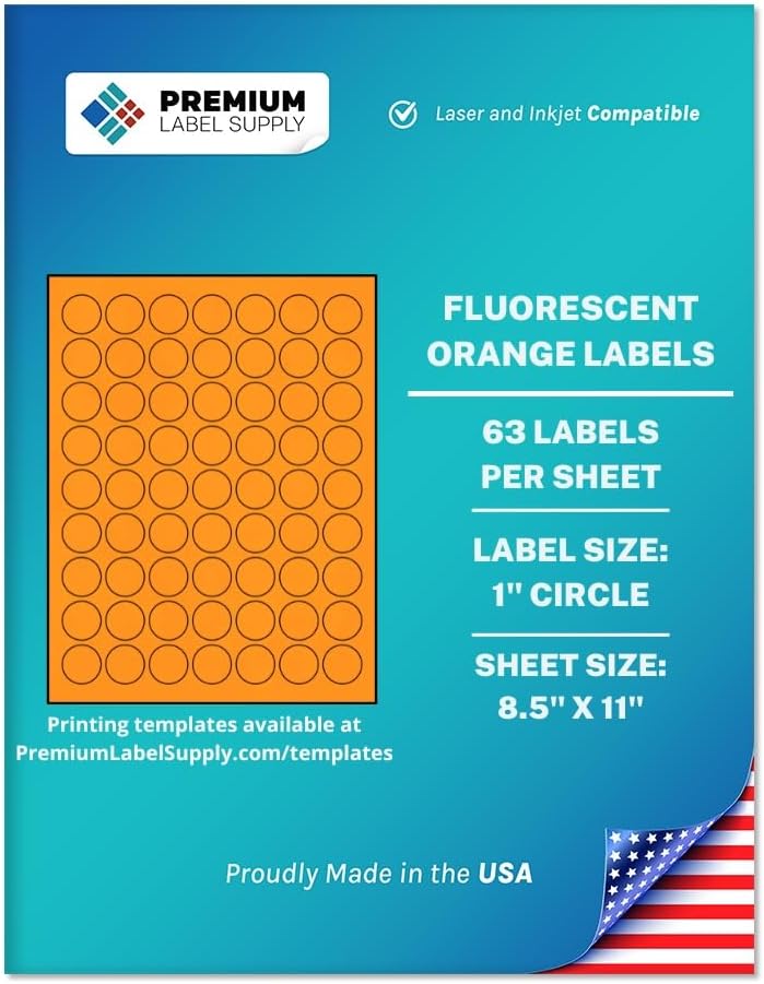 Premium Label Supply Bright Neon Color Fluorescent Sticker Labels - 1" Round Labels - (Fluorescent Orange, 6,300 Labels)