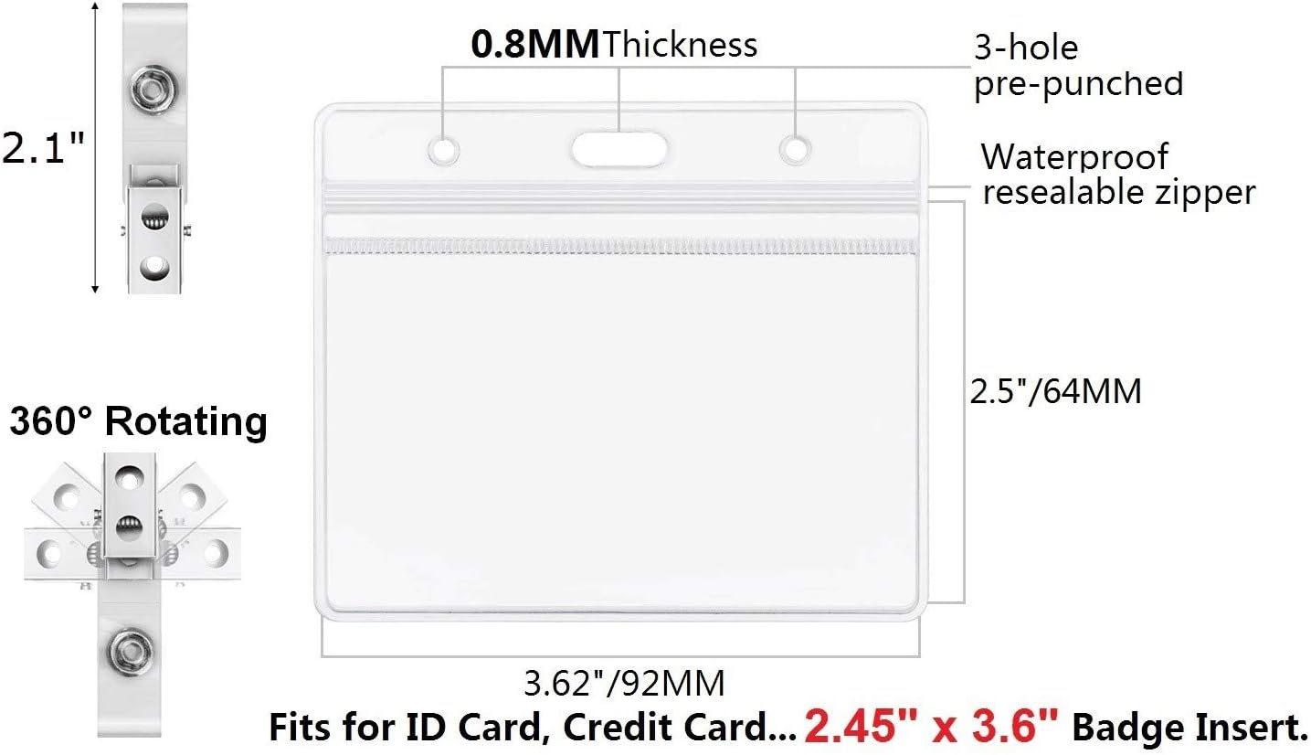 100 Pack Horizontal ID Badge Holder with Clip, Universal Waterproof PVC Transparent Name Tag Holder with Sealed Zipper(2.3 × 3.6 inch)