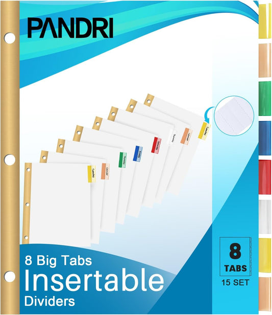 Binder Divider, PANDRI 120 Pack Binder Index White Dividers with 8 Insertable Multicolor Big Tab, Letter Size Paper Binder Divider for School Office Home Business
