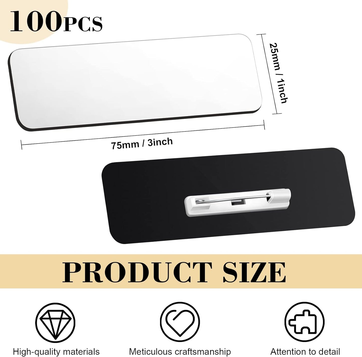 Breling 100 Pieces Name Tags with Pins 1 x 3 Inches Blank Name Tags Reusable ID Badge Holders with Clip for Office Workers Students Employee Custom(White)