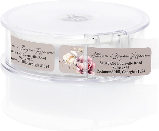 Taupe Watercolor Floral Rolled Address Labels / 500 Personalized Return Address Labels/Designer Address Stickers in Elegant Plastic Dispenser