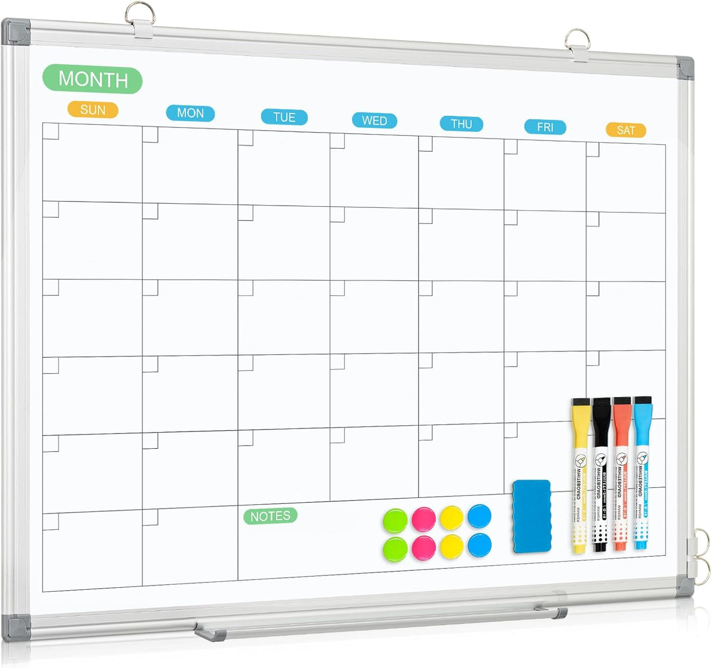 WALGLASS Dry Erase Calendar Whiteboard for Wall, 24" x 18" Double-Sided Monthly Calendar White Board with Silver Aluminum Frame, Hanging or Wall Mount Whiteboard for Home, Office, School