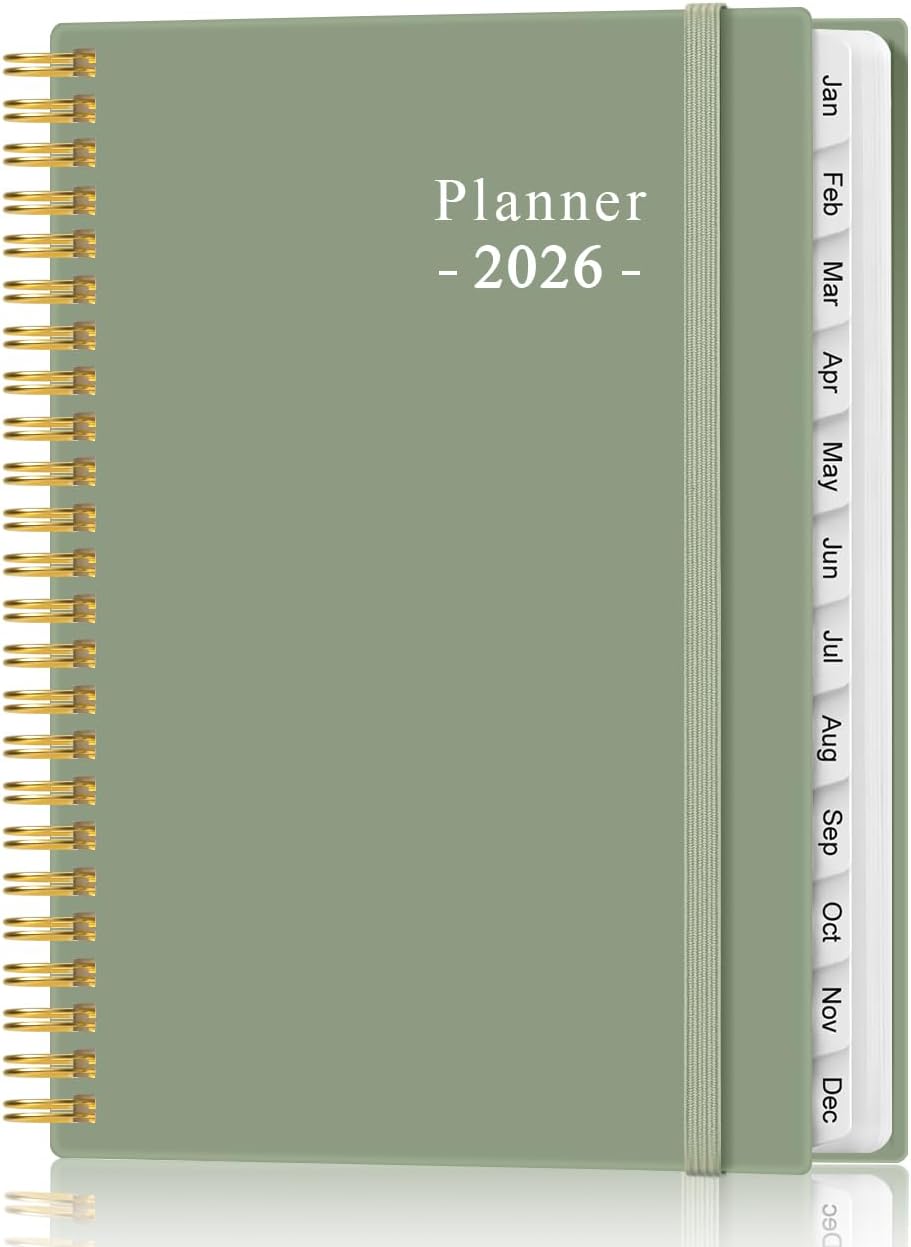 2026 Planner - Planner 2026 from January 2026 - December 2026, Weekly & Monthly Planner Spiral Bound with 12 Monthly Tabs, Inner Pocket, 6.4" x 8.5", Green-E