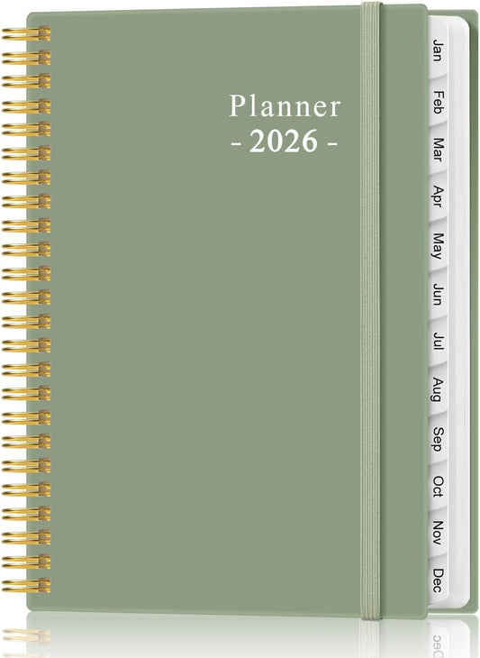2026 Planner - Planner 2026 from January 2026 - December 2026, Weekly & Monthly Planner Spiral Bound with 12 Monthly Tabs, Inner Pocket, 6.4" x 8.5", Green-E