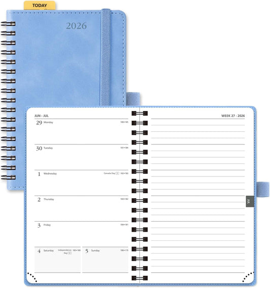 POPRUN 2026 Planner Weekly Notebook (Jan-Dec), Small Size 4''x 6.25'' - 2026 Pocket Calendar for Purse with Spiral Soft Cover, Plastic Ruler, Inner Pocket, 100 GSM - Cerulean Blue