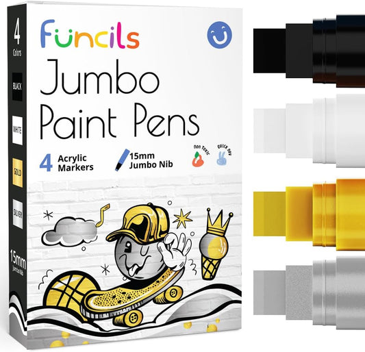 4 Jumbo Poster Markers (15mm, White, Black, Gold & Silver) | Fat Acrylic Paint Markers for Wood, Glass, Metal, Walls, Fabric - Large Thick Permanent Paint Pens for Signs, Board, Teachers
